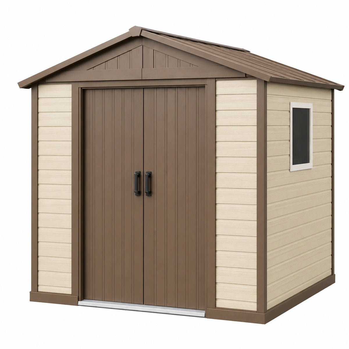 Abri de jardin 213 x 191 x 227 cm en résine beige et marron à double porte