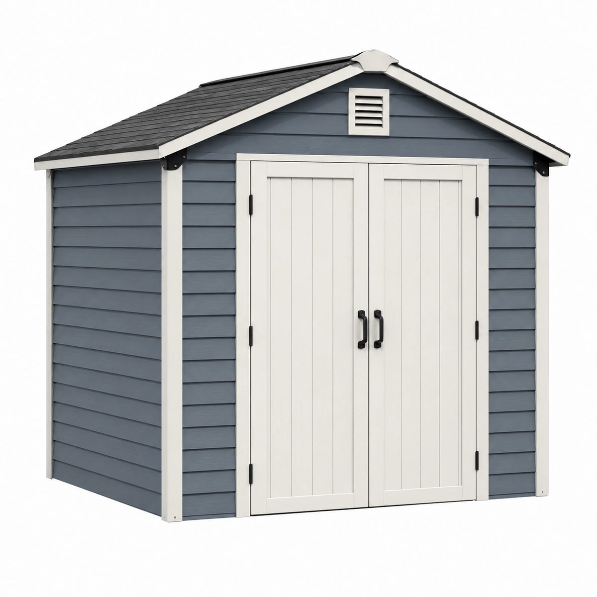 Abri de jardin 240 x 180 x 220 cm en résine gris bleu et blanc à double porte ventilé