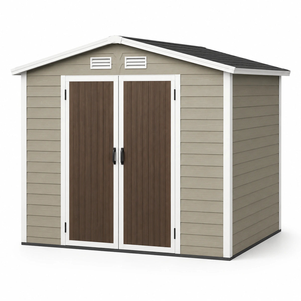 Abri de jardin 244 x 183 x 230 cm en résine gris taupe à double porte ventilé