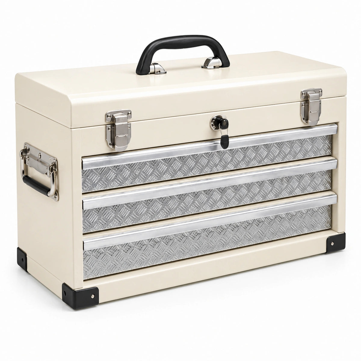 Coffre à outils 60 x 30 x 40 cm en métal beige et argenté avec 3 tiroirs verrouillable