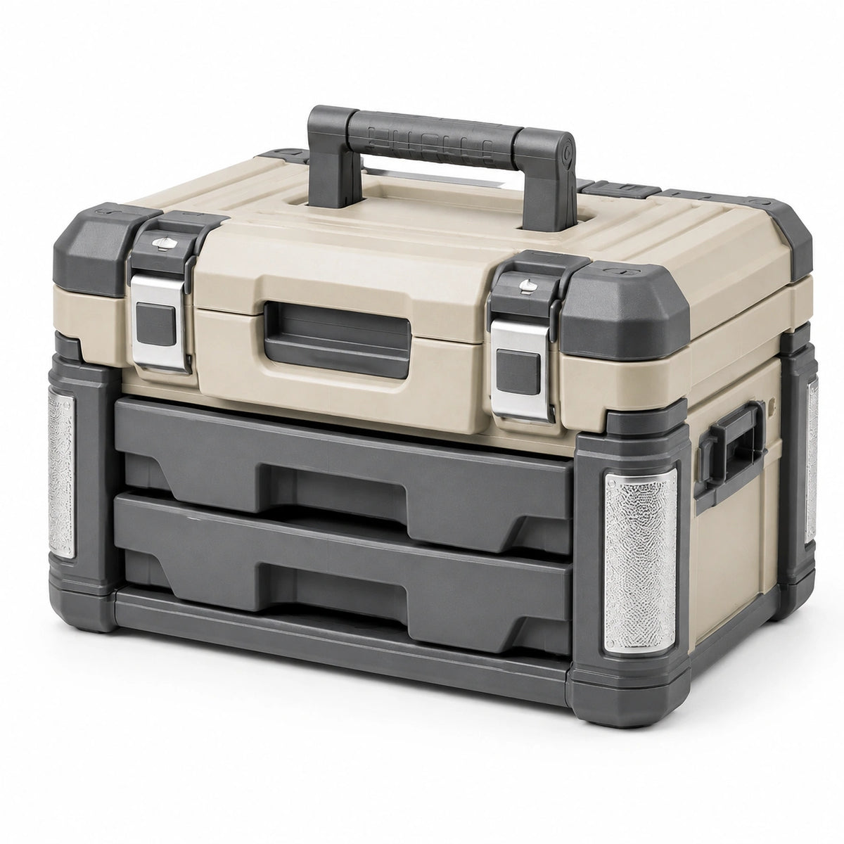 Boîte à outils 52 x 30 x 32 cm en plastique beige et gris avec tiroirs