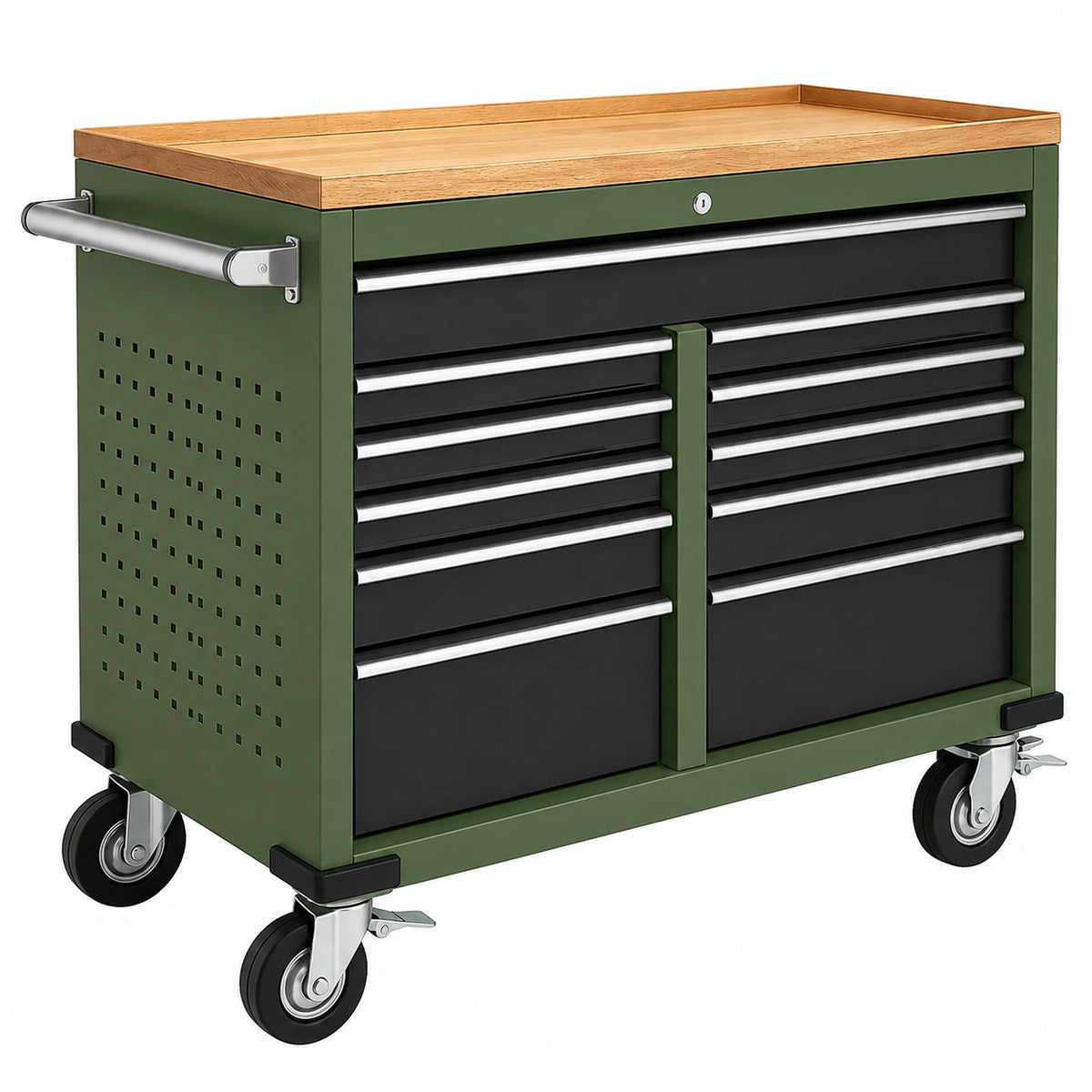Servante d'atelier 110 x 50 x 95 cm en acier vert et noir avec plateau en bois à roulettes