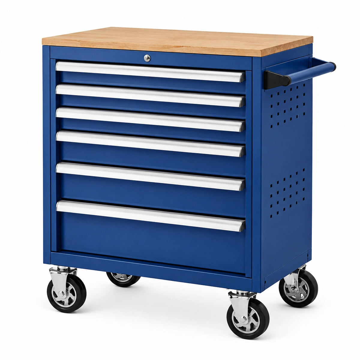 Servante d atelier 77 x 46 x 97 cm en acier bleu avec 7 tiroirs et plateau en bois