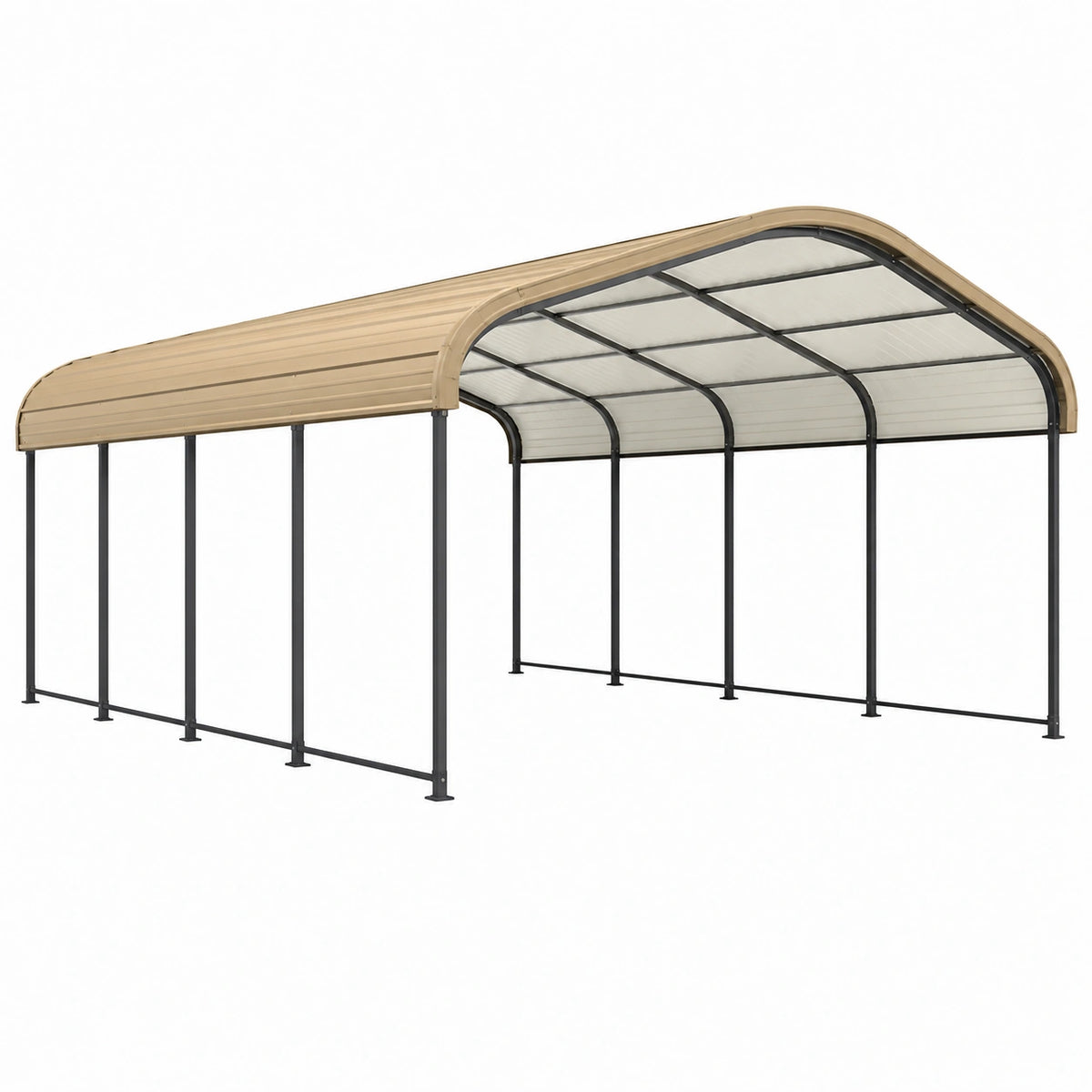 Abri voiture 600 x 300 x 260 cm acier noir polycarbonate beige toit cintré extérieur