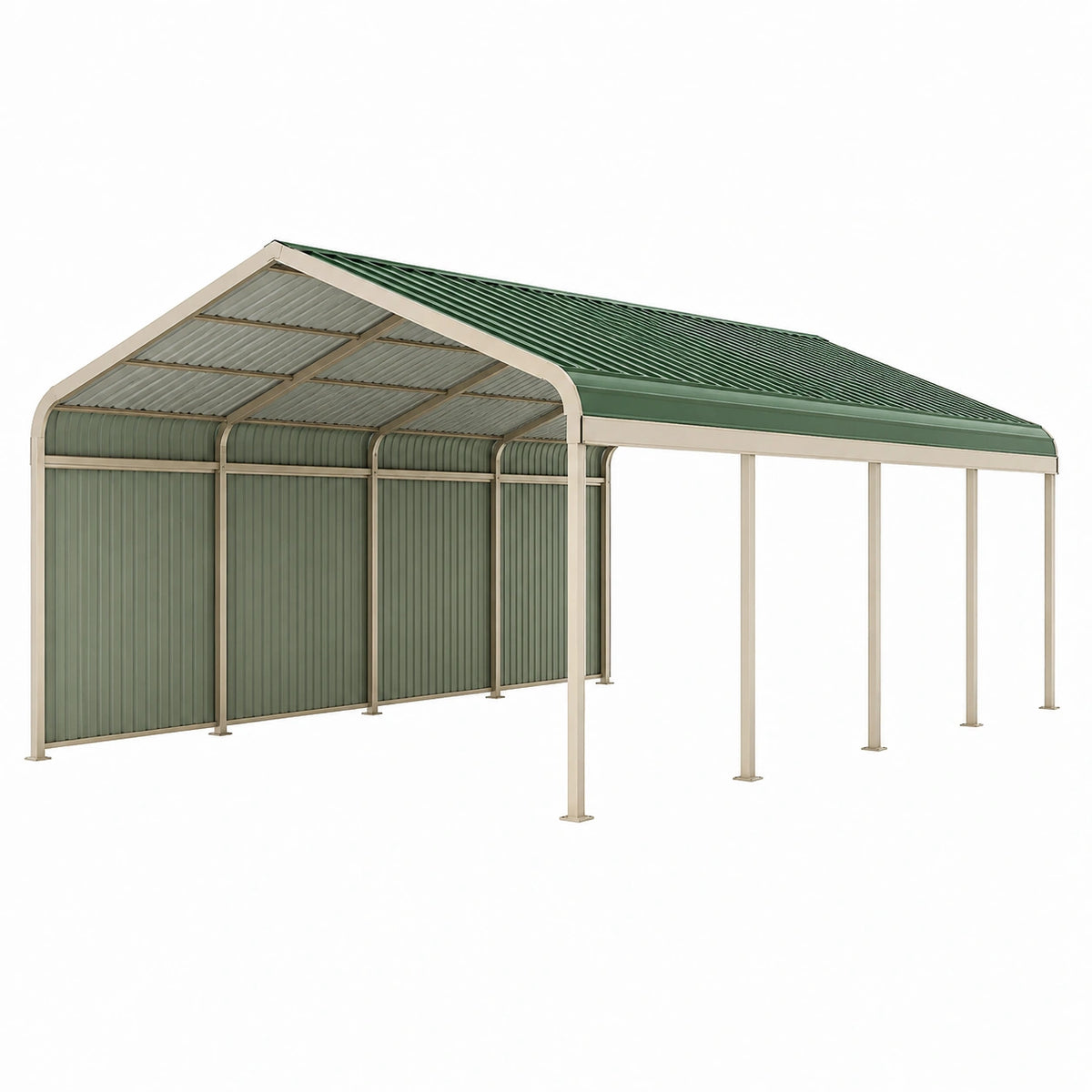 Abri voiture 600 x 300 x 280 cm en acier vert et beige avec toit incliné