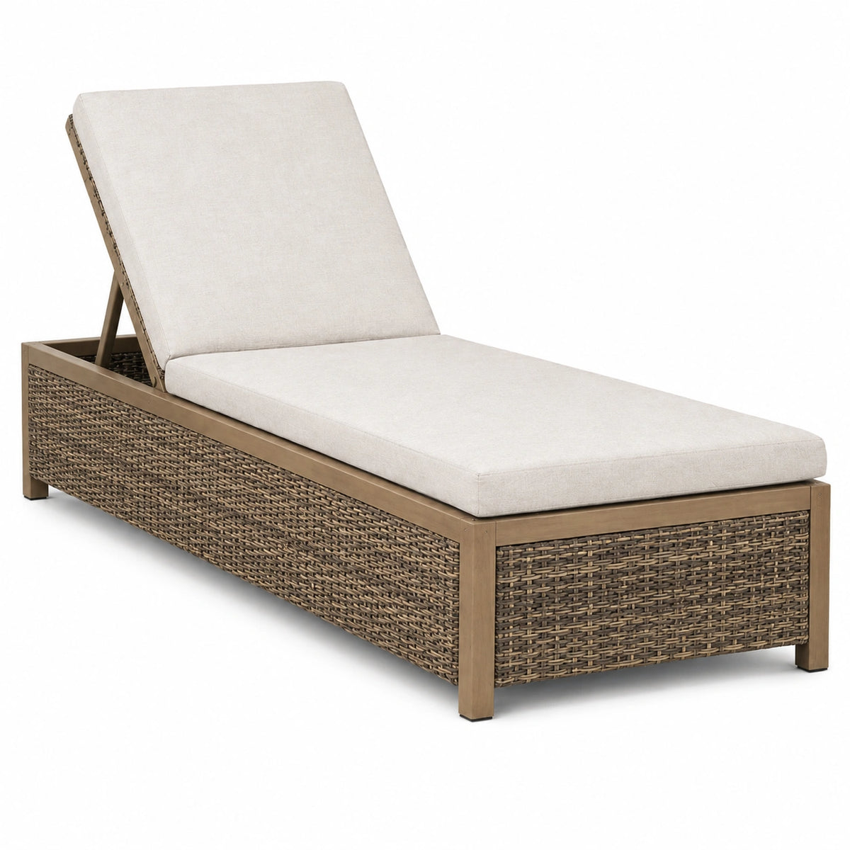 Bain de soleil 200 x 70 cm en résine tressée marron avec coussin beige dossier réglable
