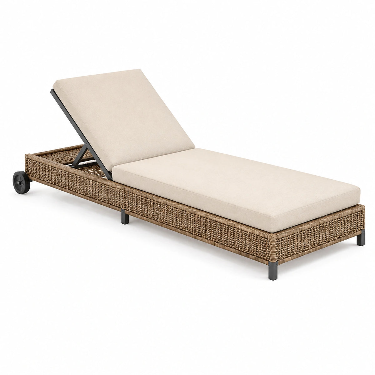 Bain de soleil 200 x 70 cm en rotin tressé beige avec dossier réglable et roulettes