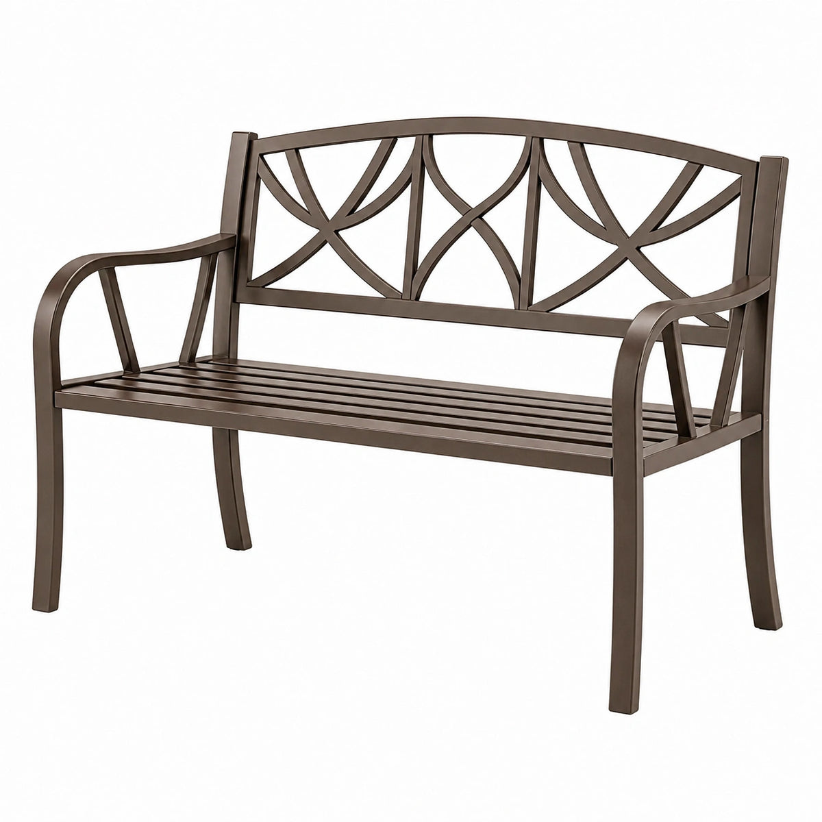 Banc de jardin 122 cm en acier brun à dossier décoratif