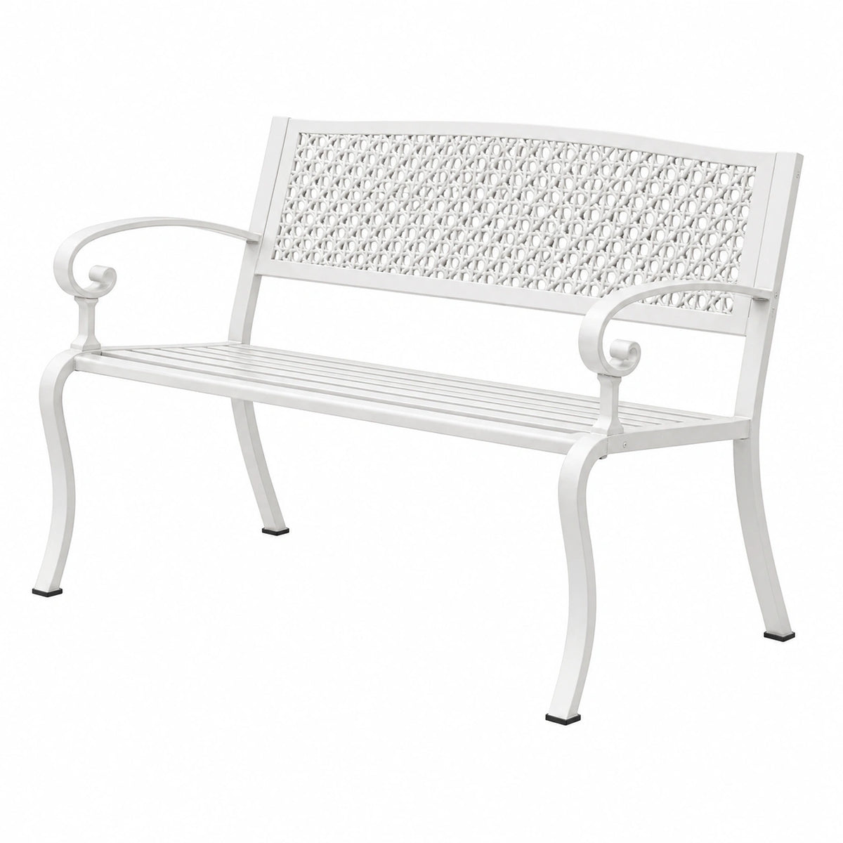 Banc de jardin 122 cm en métal blanc style romantique à dossier ajouré