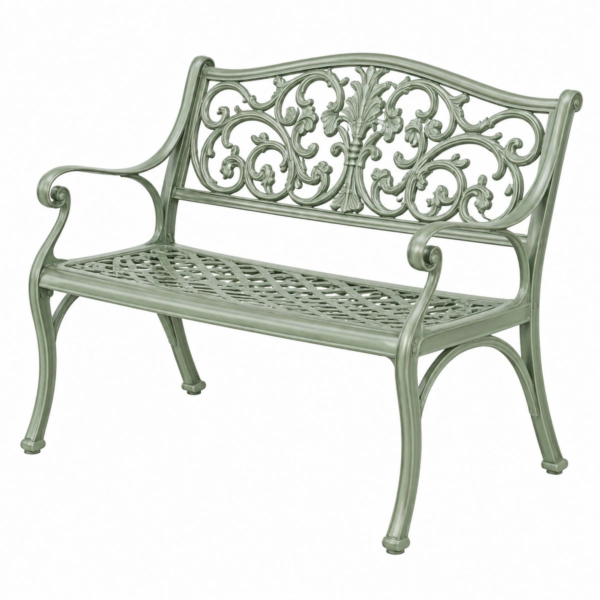 Banc de jardin 122 cm en métal vert gris style classique ajouré